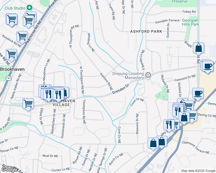 map of restaurants, bars, coffee shops, grocery stores, and more near 2582 Ashford Road Northeast in Atlanta