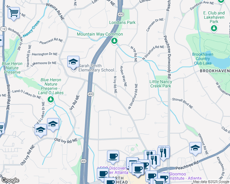 map of restaurants, bars, coffee shops, grocery stores, and more near 3962 Wieuca Road Northeast in Atlanta