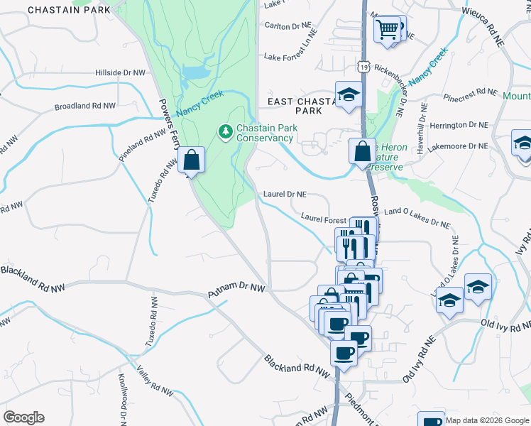 map of restaurants, bars, coffee shops, grocery stores, and more near 3943 Lake Forrest Drive Northeast in Atlanta