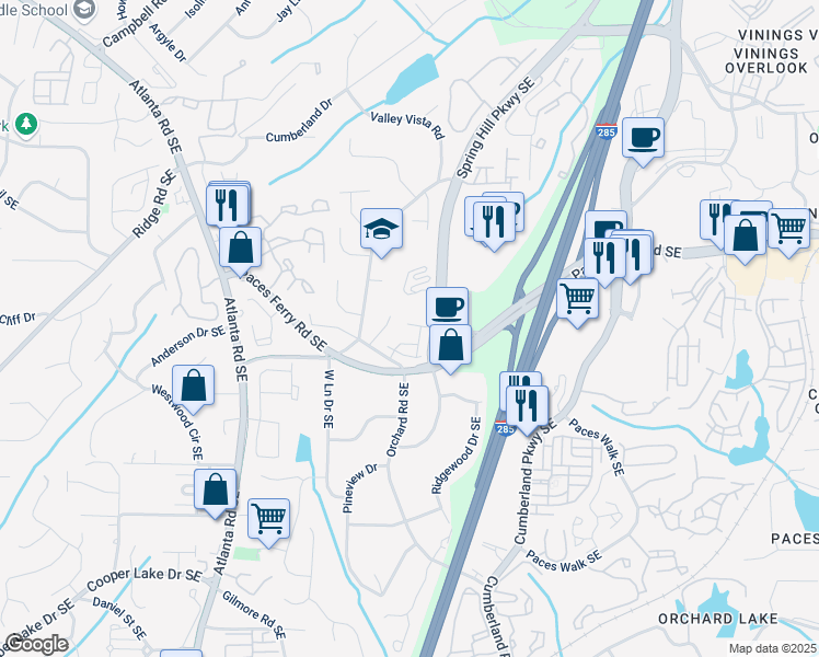 map of restaurants, bars, coffee shops, grocery stores, and more near 2359 Montford Place in Smyrna