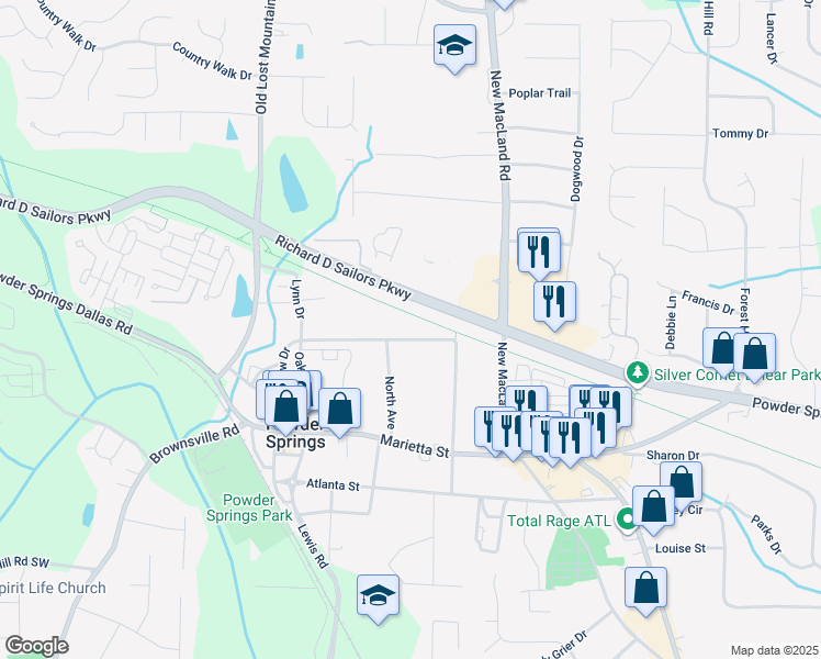 map of restaurants, bars, coffee shops, grocery stores, and more near 4296 Pineview Drive in Powder Springs