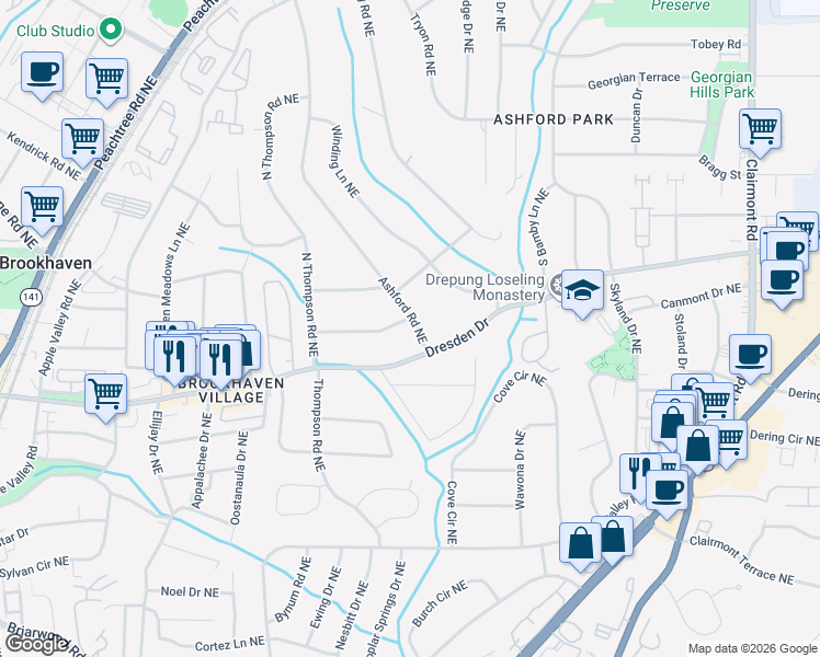 map of restaurants, bars, coffee shops, grocery stores, and more near 2582 Ashford Road Northeast in Atlanta