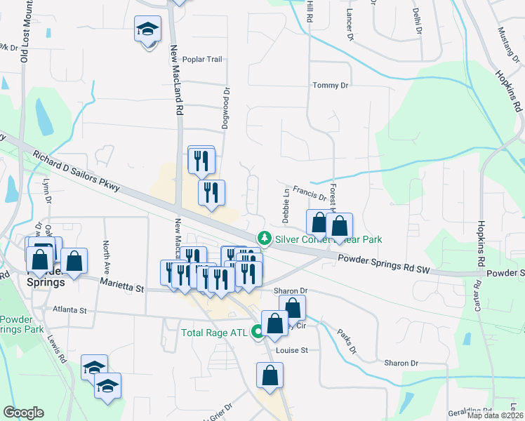 map of restaurants, bars, coffee shops, grocery stores, and more near 3706 Villa Springs Circle Southwest in Powder Springs