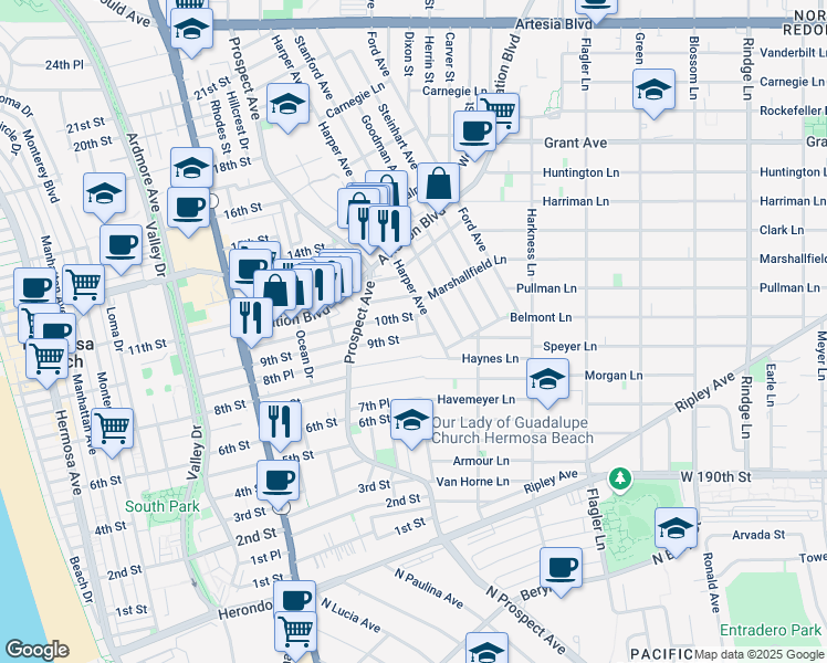 map of restaurants, bars, coffee shops, grocery stores, and more near 1257 9th Street in Hermosa Beach