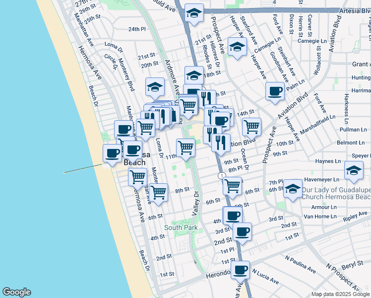 map of restaurants, bars, coffee shops, grocery stores, and more near 1109 Valley Drive in Hermosa Beach