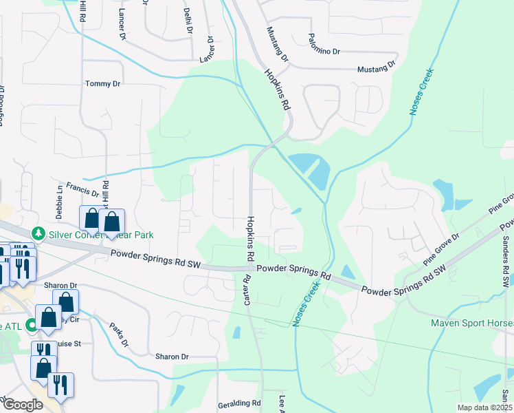 map of restaurants, bars, coffee shops, grocery stores, and more near 3711 Hopkins Road in Powder Springs