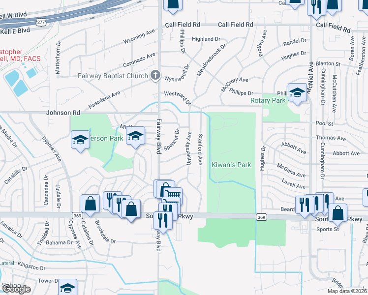 map of restaurants, bars, coffee shops, grocery stores, and more near 4630 University Avenue in Wichita Falls