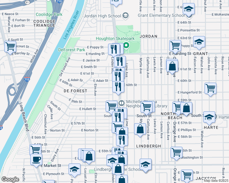 map of restaurants, bars, coffee shops, grocery stores, and more near 5952 Linden Avenue in Long Beach
