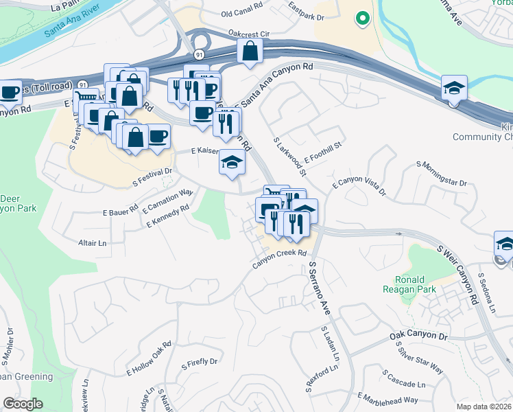 map of restaurants, bars, coffee shops, grocery stores, and more near 8000 East Oak Ridge Circle in Anaheim