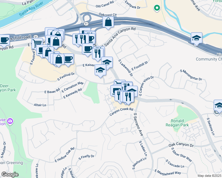 map of restaurants, bars, coffee shops, grocery stores, and more near 8123 East Oak Ridge Circle in Anaheim