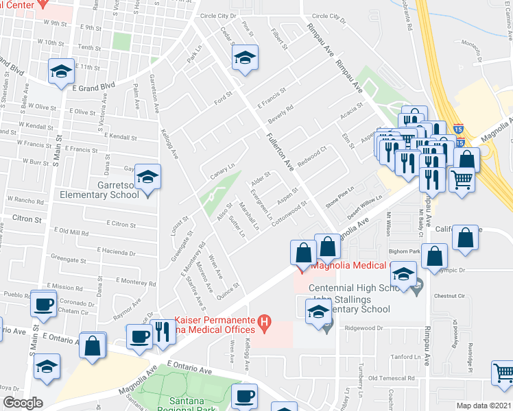 map of restaurants, bars, coffee shops, grocery stores, and more near 1512 Evergreen Lane in Corona