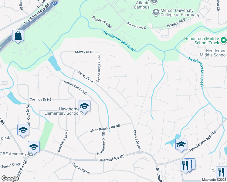 map of restaurants, bars, coffee shops, grocery stores, and more near 2636 Whiteleigh Drive Northeast in Atlanta