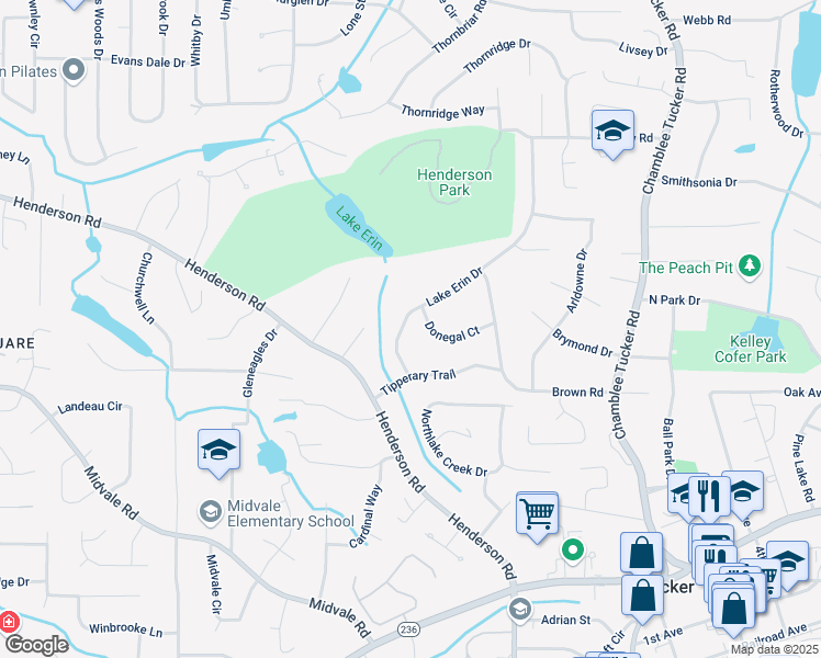 map of restaurants, bars, coffee shops, grocery stores, and more near 2563 Lake Erin Drive in Tucker