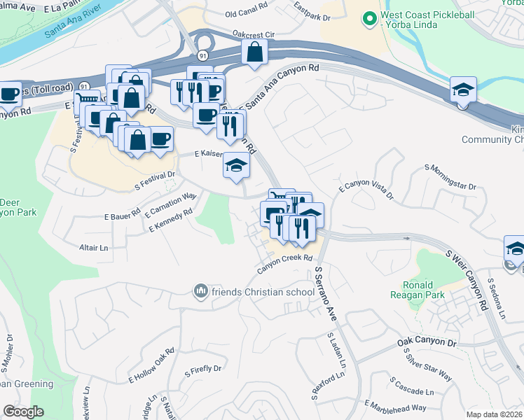 map of restaurants, bars, coffee shops, grocery stores, and more near 421 South Rosemary Lane in Anaheim