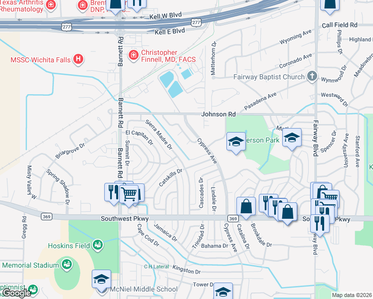 map of restaurants, bars, coffee shops, grocery stores, and more near 4639 Sierra Madre Drive in Wichita Falls