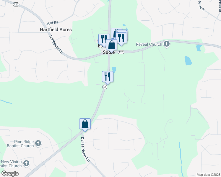 map of restaurants, bars, coffee shops, grocery stores, and more near 3425 Villa Rica Highway in Dallas