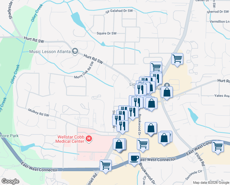map of restaurants, bars, coffee shops, grocery stores, and more near 3754 Story Drive Southwest in Marietta