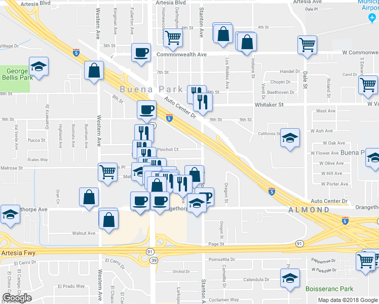 map of restaurants, bars, coffee shops, grocery stores, and more near 7922 Pinchot Court in Buena Park
