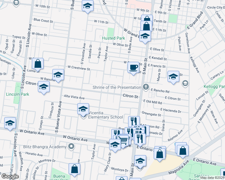 map of restaurants, bars, coffee shops, grocery stores, and more near 1774 Cindy Court in Corona