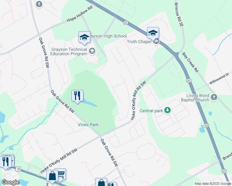 map of restaurants, bars, coffee shops, grocery stores, and more near Woodshade Drive in Loganville