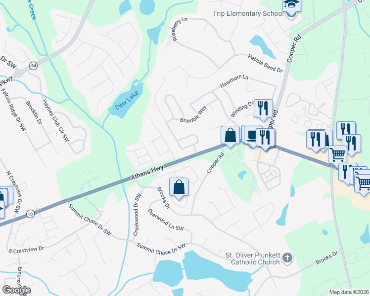 map of restaurants, bars, coffee shops, grocery stores, and more near 2931 Farmstead Court in Grayson