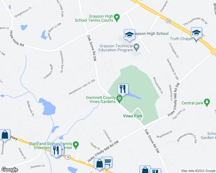 map of restaurants, bars, coffee shops, grocery stores, and more near 3500 Watson Gate Road Southwest in Loganville