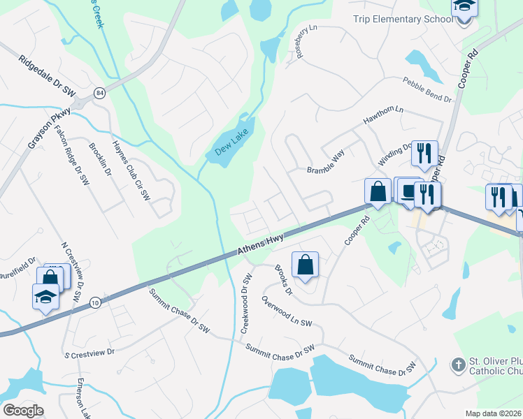 map of restaurants, bars, coffee shops, grocery stores, and more near 2718 Haynescrest Drive in Grayson