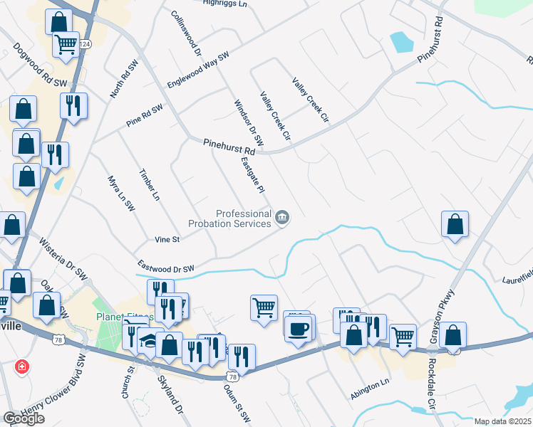 map of restaurants, bars, coffee shops, grocery stores, and more near 2351 Kimberley Way Southwest in Snellville