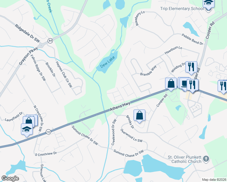map of restaurants, bars, coffee shops, grocery stores, and more near 1438 Haynescrest Court in Grayson