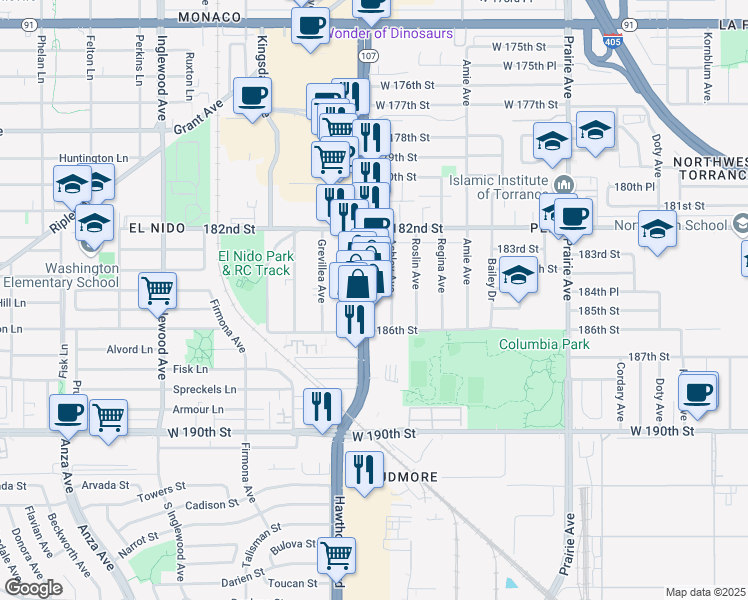 map of restaurants, bars, coffee shops, grocery stores, and more near 18525 Ashley Avenue in Torrance