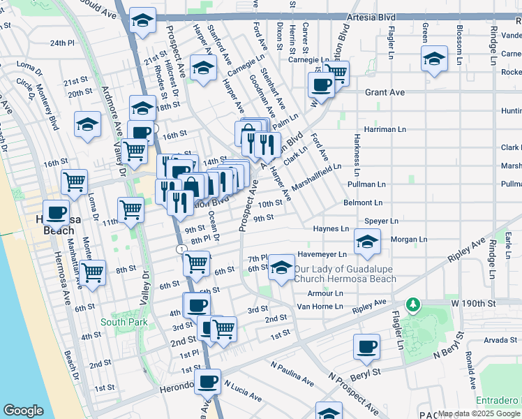 map of restaurants, bars, coffee shops, grocery stores, and more near 1136 10th Street in Hermosa Beach