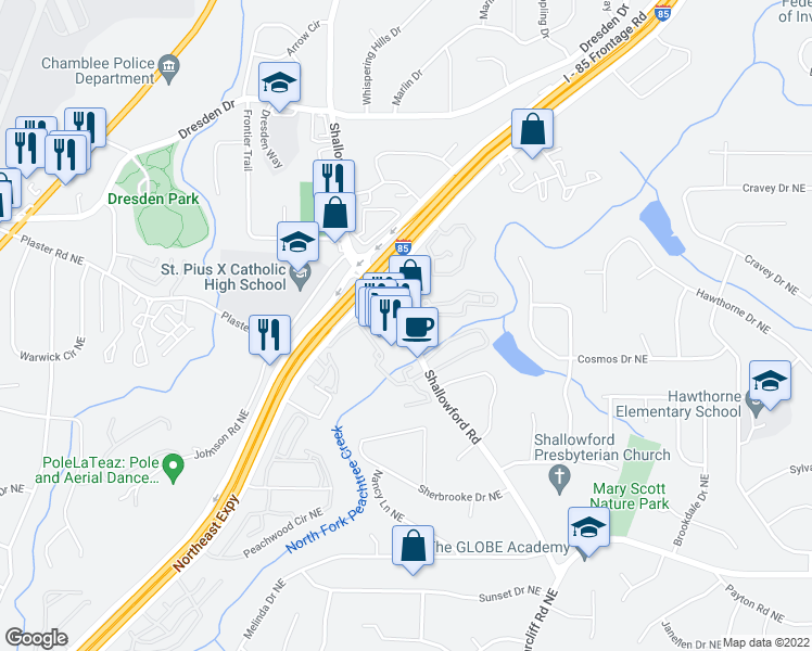 map of restaurants, bars, coffee shops, grocery stores, and more near 113 Briarlake Ct NE in Atlanta