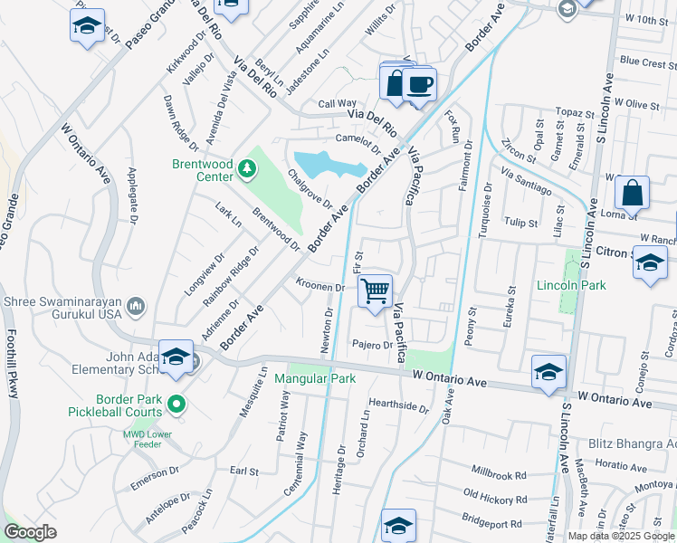 map of restaurants, bars, coffee shops, grocery stores, and more near 1397 Kroonen Drive in Corona
