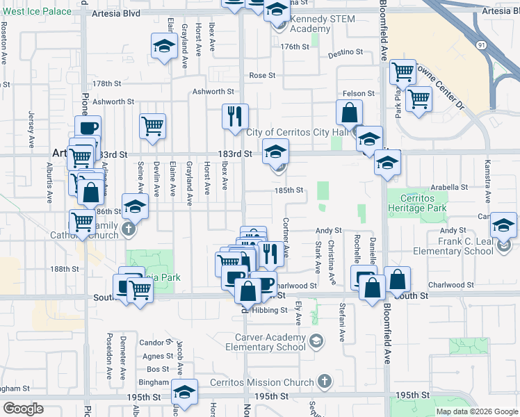map of restaurants, bars, coffee shops, grocery stores, and more near 12237 186th Street in Artesia