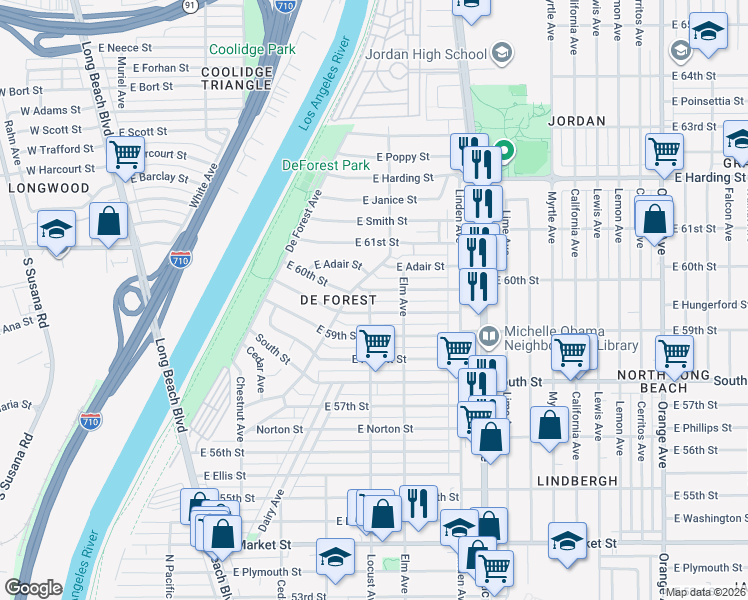 map of restaurants, bars, coffee shops, grocery stores, and more near 311 East Osgood Street in Long Beach
