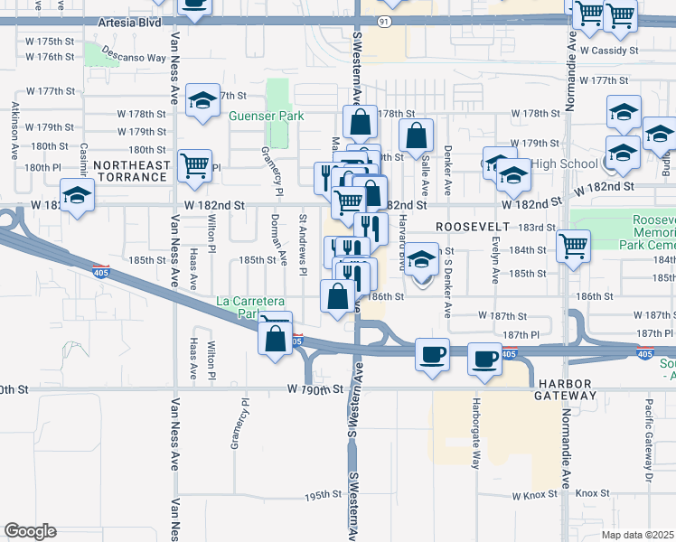 map of restaurants, bars, coffee shops, grocery stores, and more near 18537 South Western Avenue in Gardena