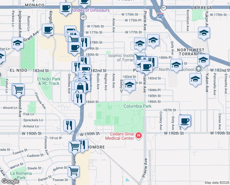 map of restaurants, bars, coffee shops, grocery stores, and more near 18519 Amie Avenue in Torrance