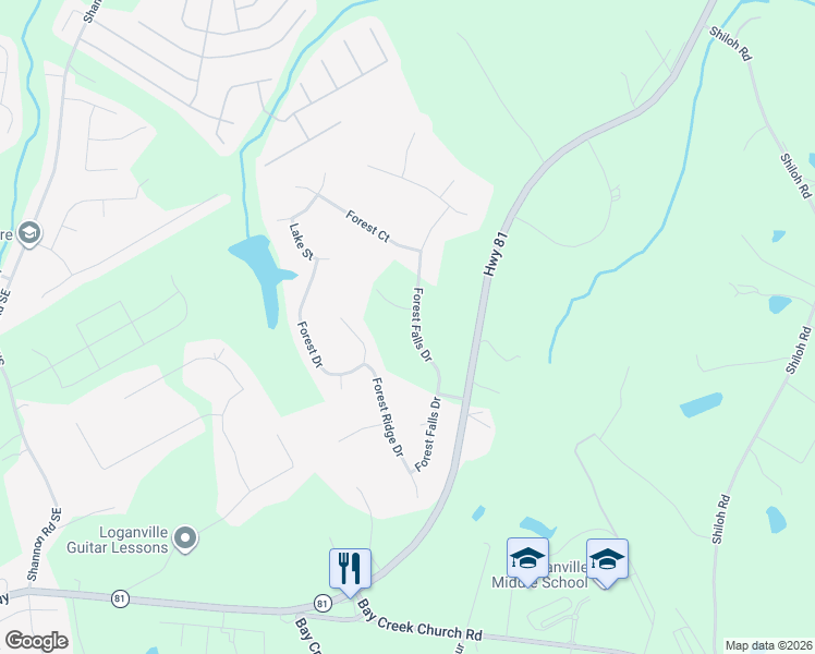 map of restaurants, bars, coffee shops, grocery stores, and more near 5476 Forest Falls Drive in Loganville
