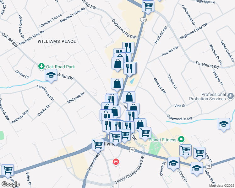 map of restaurants, bars, coffee shops, grocery stores, and more near 2149 Scenic Highway North in Snellville