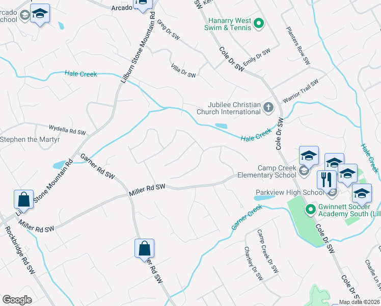 map of restaurants, bars, coffee shops, grocery stores, and more near 4994 Haralson Way Southwest in Lilburn
