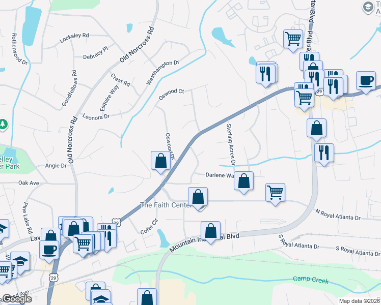 map of restaurants, bars, coffee shops, grocery stores, and more near 2614 Lucky Valley Drive in Tucker