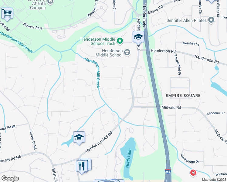 map of restaurants, bars, coffee shops, grocery stores, and more near 3294 Wake Robin Trail in Atlanta