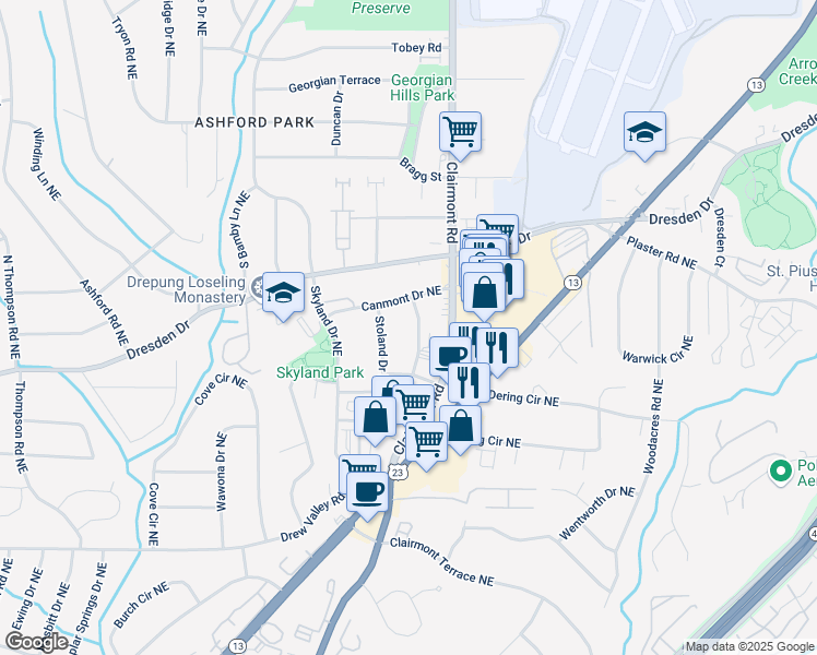 map of restaurants, bars, coffee shops, grocery stores, and more near 2616 Boland Drive Northeast in Atlanta