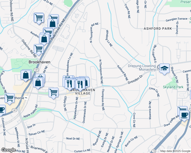 map of restaurants, bars, coffee shops, grocery stores, and more near 2600 North Thompson Road Northeast in Atlanta
