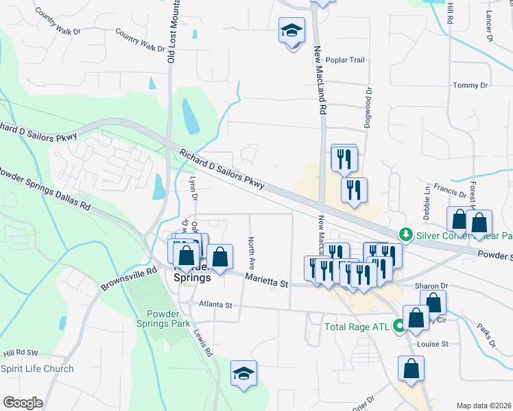 map of restaurants, bars, coffee shops, grocery stores, and more near 4314 Pineview Drive in Powder Springs