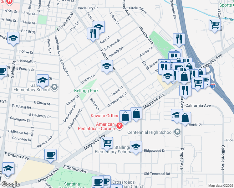 map of restaurants, bars, coffee shops, grocery stores, and more near 843 Cottonwood Street in Corona