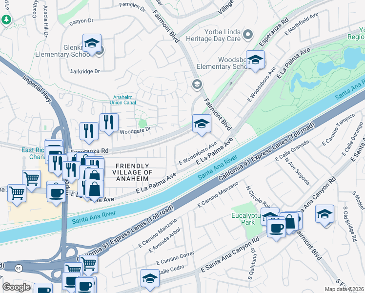 map of restaurants, bars, coffee shops, grocery stores, and more near 1233 North Kettle Mill Place in Anaheim