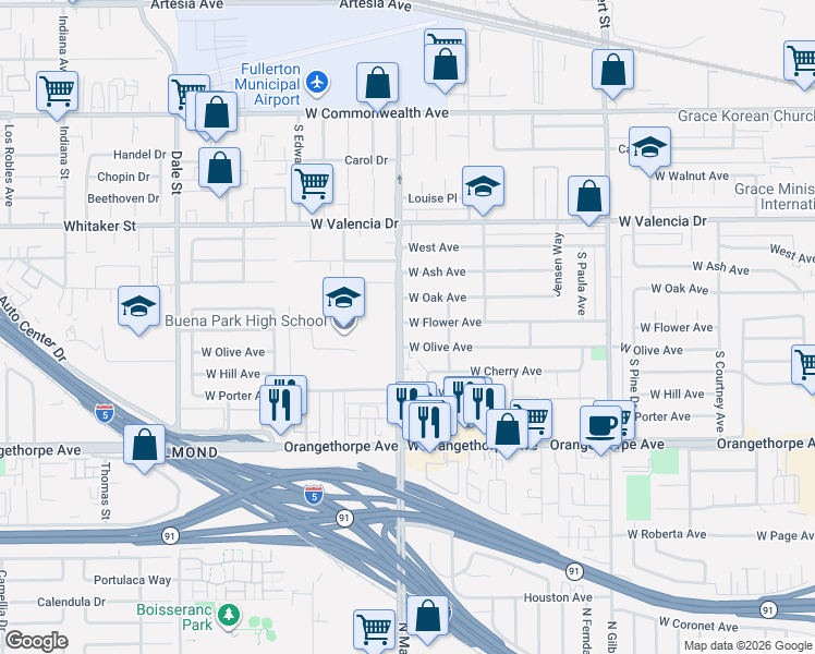map of restaurants, bars, coffee shops, grocery stores, and more near in Buena Park