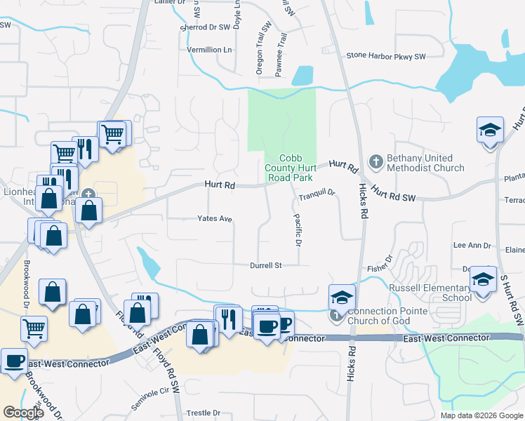 map of restaurants, bars, coffee shops, grocery stores, and more near 3690 William Paul Drive in Austell