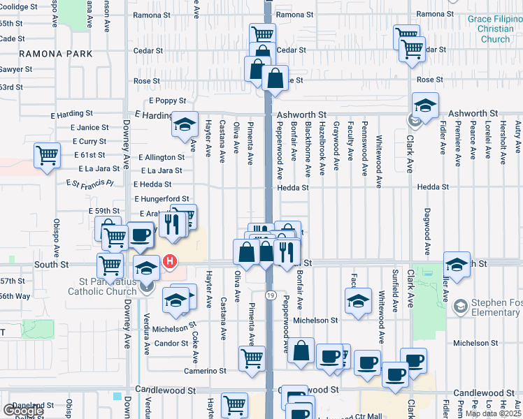 map of restaurants, bars, coffee shops, grocery stores, and more near 5939 Lakewood Boulevard in Lakewood